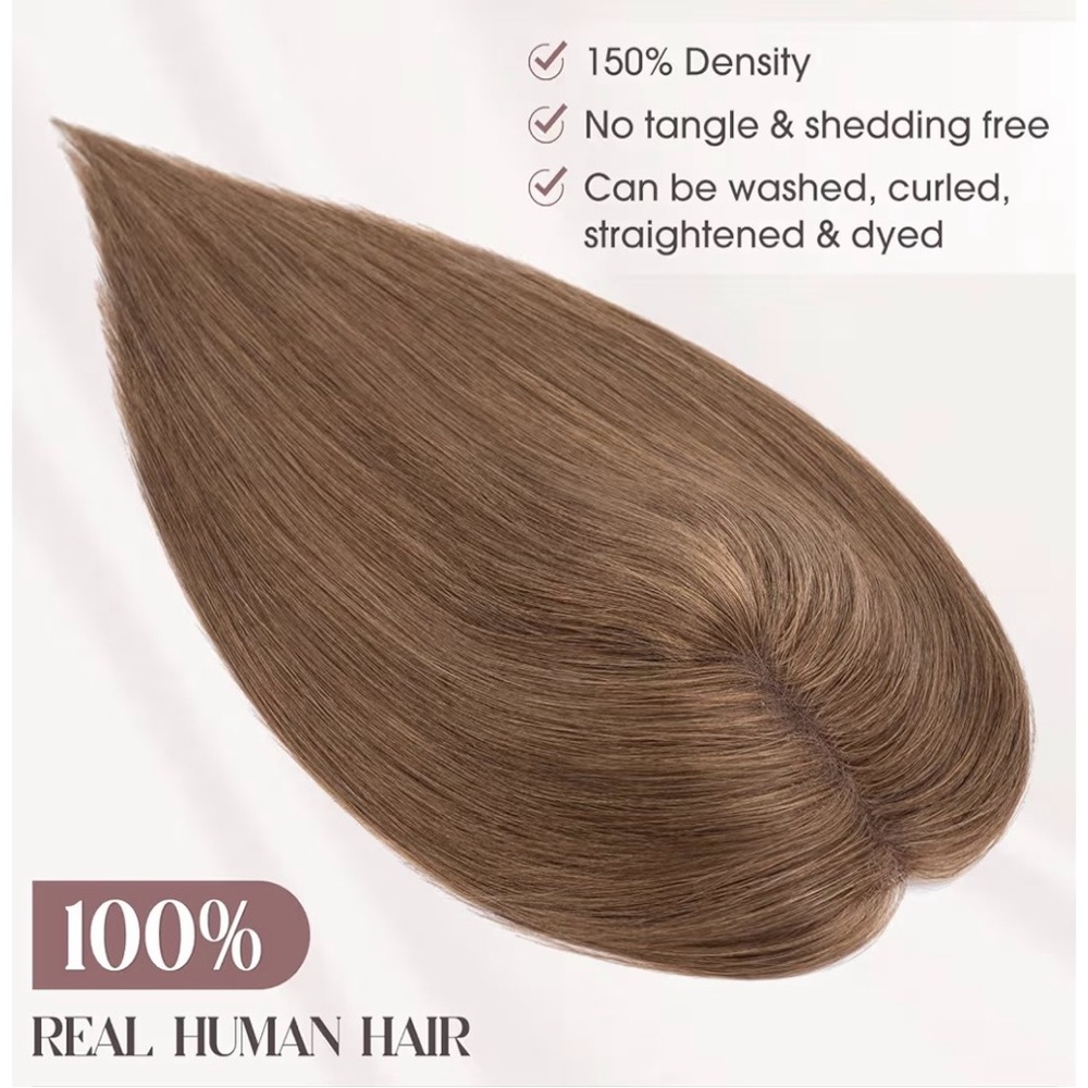 Hair Topper Real Human Hair with Bangs 7 * 13CM Silk Base with Lace 10”Med.Brown - Picture 4 of 10